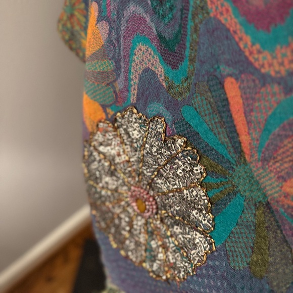 Gorgeous wool & viscose boho print beaded wrap scarf or shawl. Blues, orange red - Picture 2 of 9